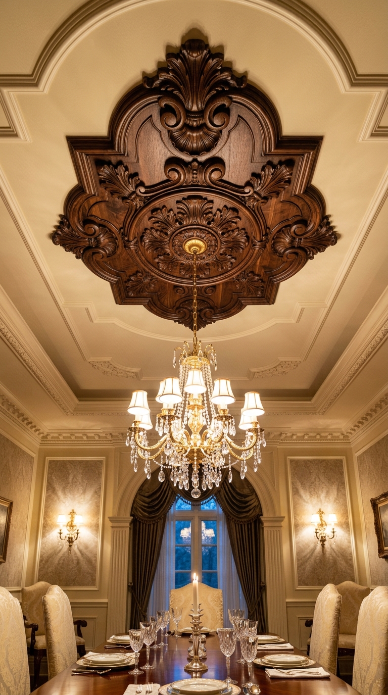 Carved wood ceiling medallion above a chandelier in a formal dining room