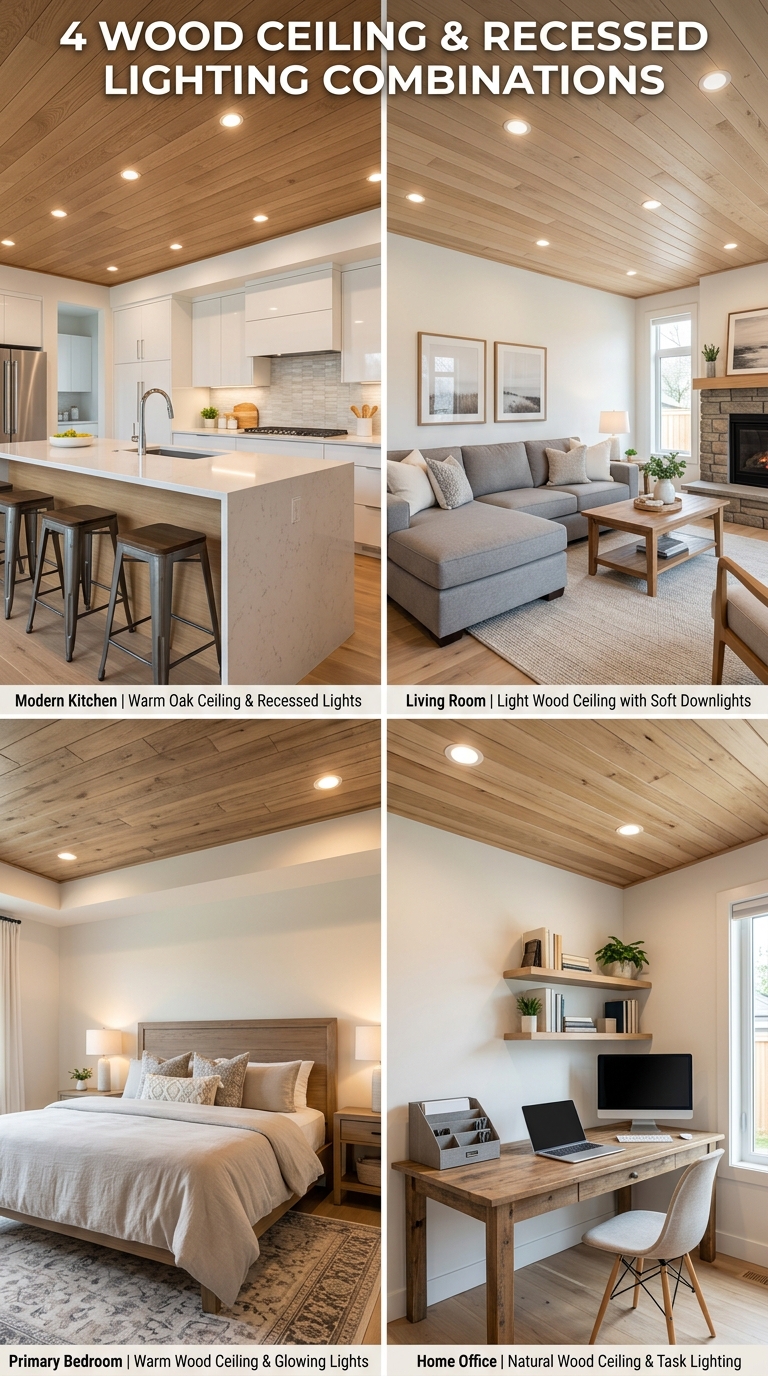 Modern kitchen featuring a warm oak plank ceiling paired with evenly spaced recessed lighting.