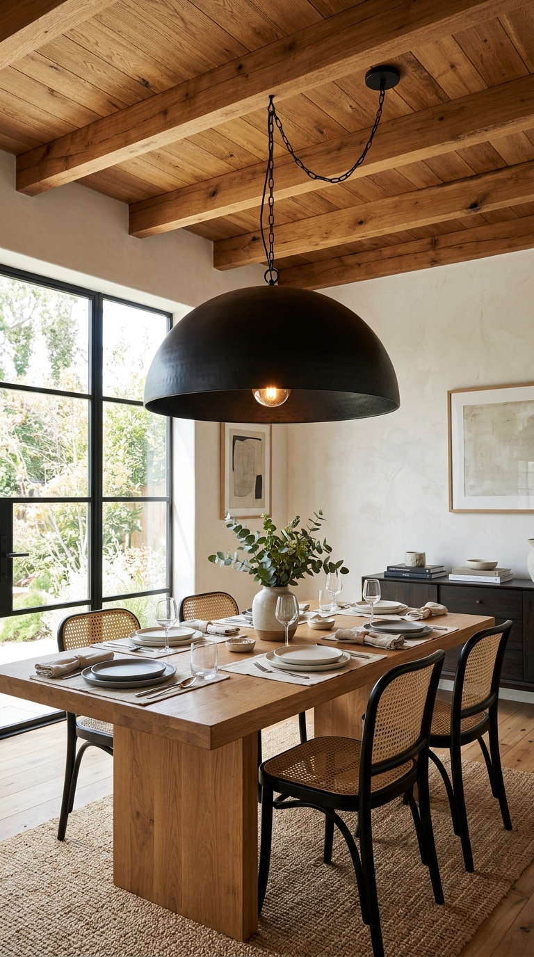 Natural wood ceiling paired with a matte black statement pendant light