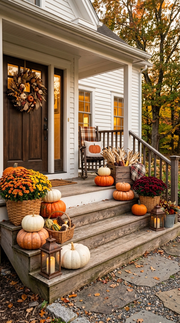 Stacked wood crates styled with pumpkins and lanterns on a fall porch
