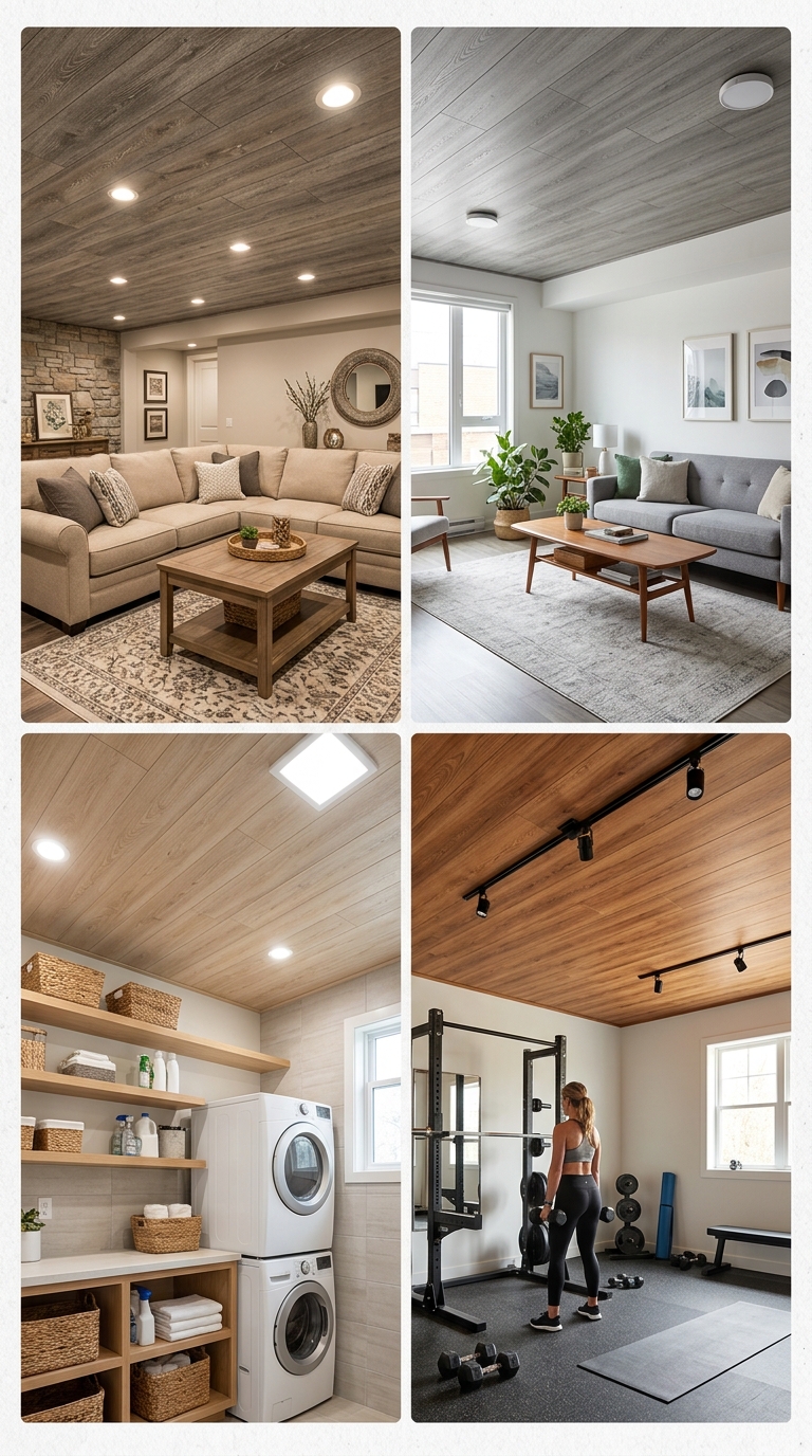 Finished basement featuring budget-friendly wood-look vinyl panel ceiling in a weathered oak finish.