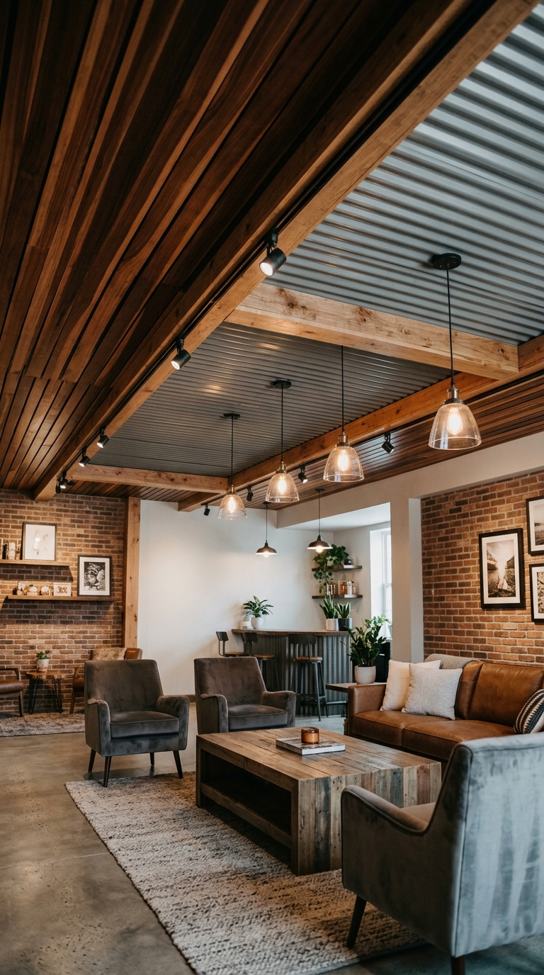 Wood and corrugated metal hybrid industrial ceiling