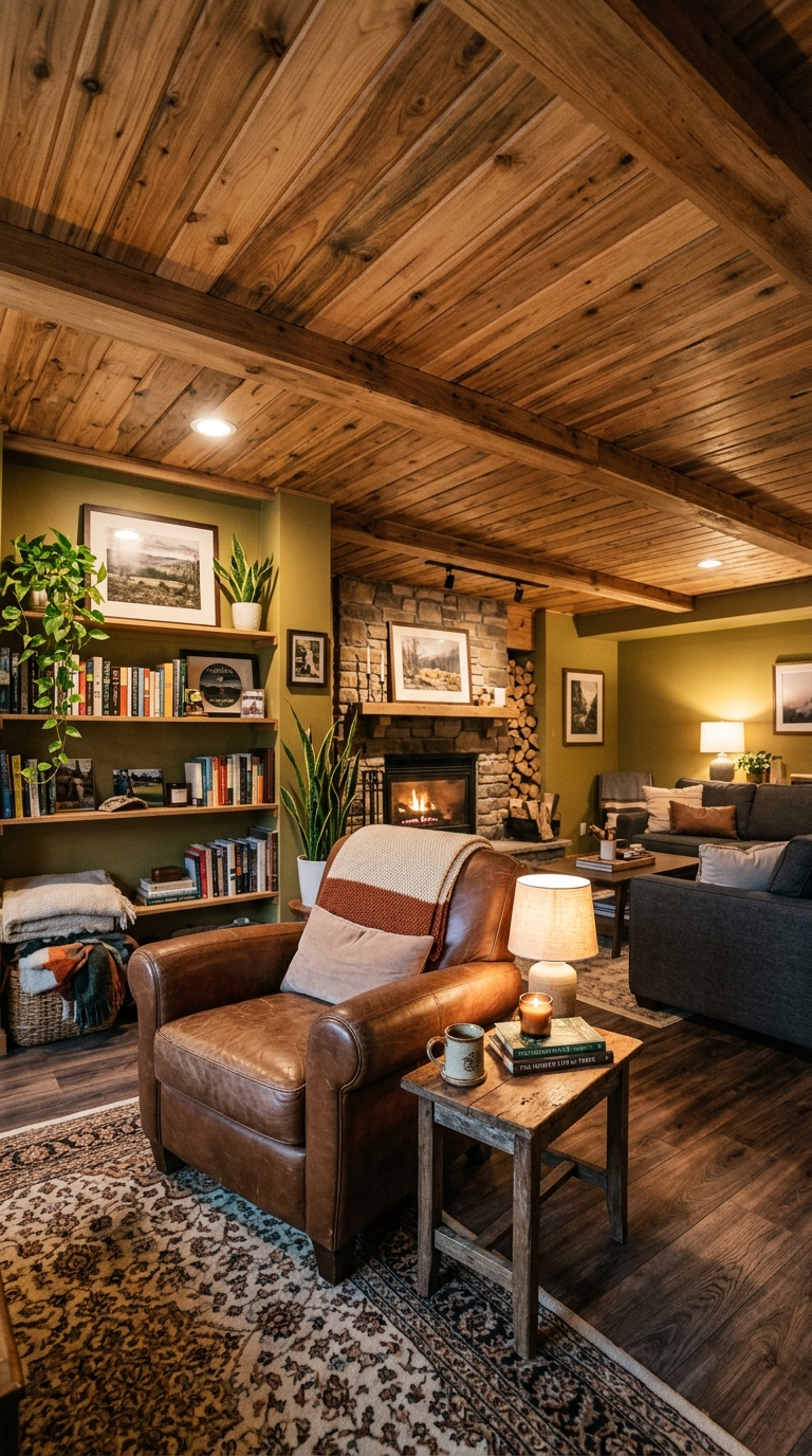 Natural wood plank ceiling in a cozy basement den
