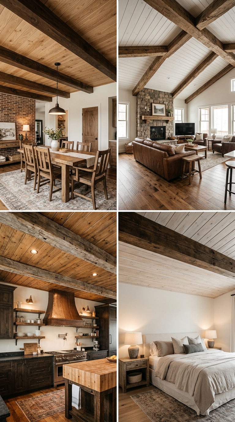 Farmhouse dining room with a light oak plank ceiling accented by dark walnut exposed beams.