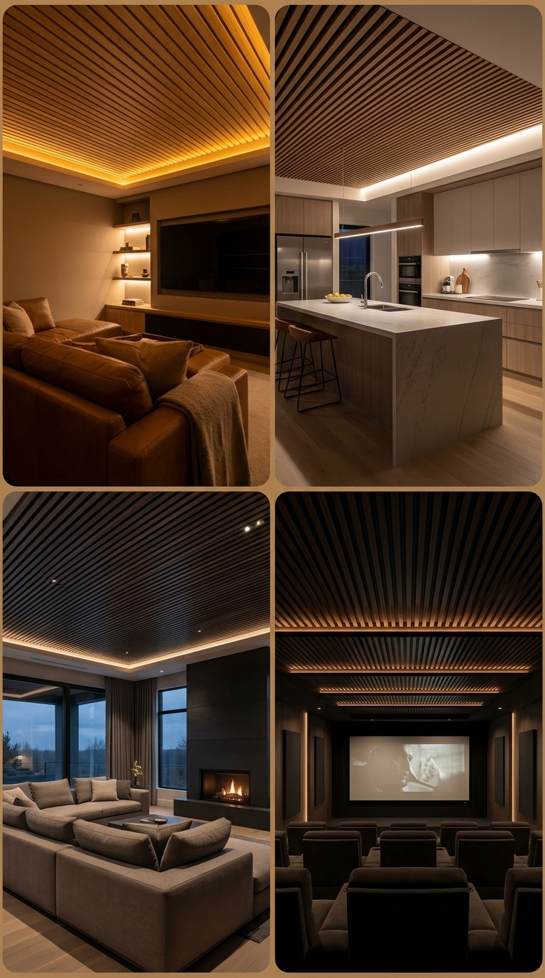 Modern media room with a wood slat ceiling and warm integrated LED strip lighting.