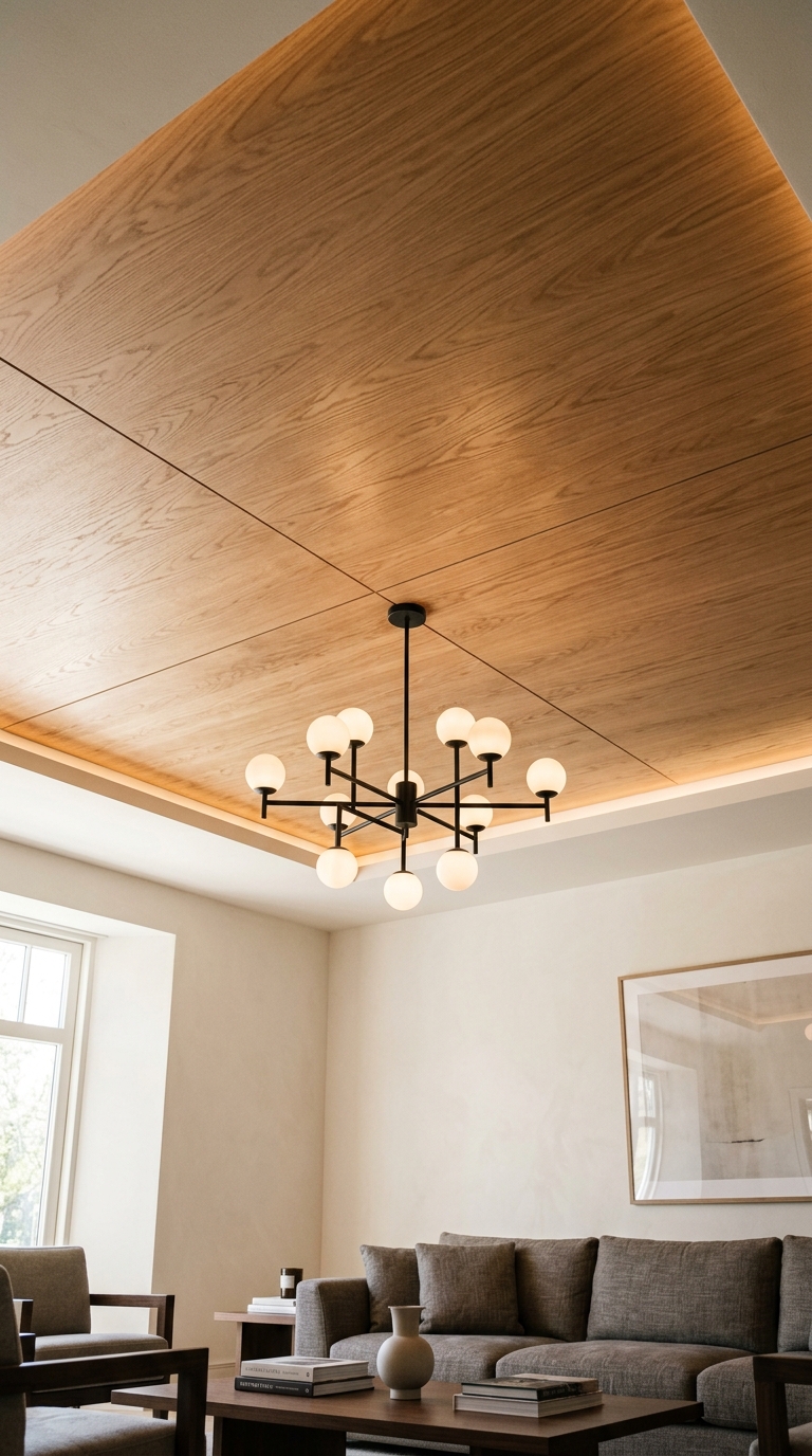 Oak wood veneer sheet ceiling in elegant living room