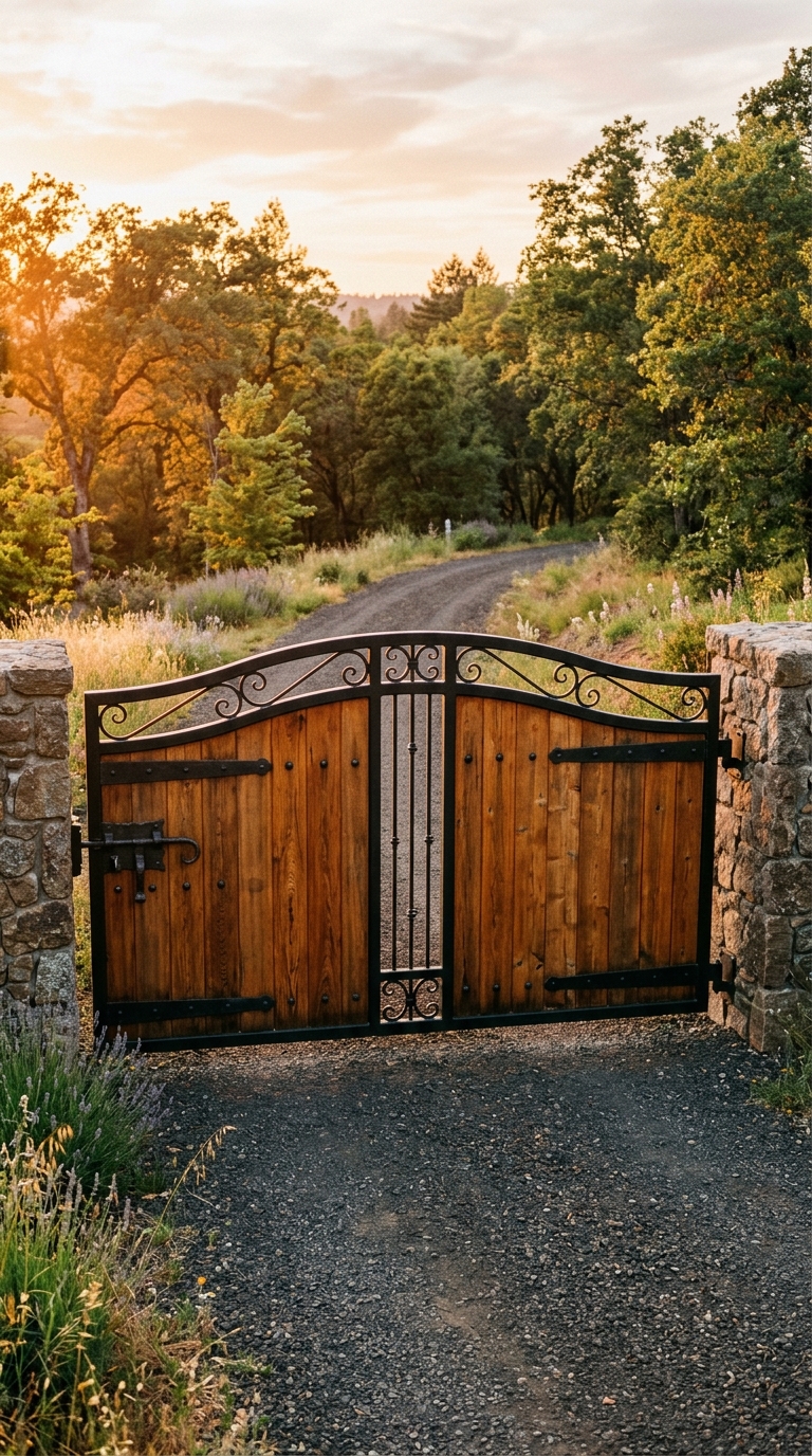 Wood and wrought iron combination driveway gate