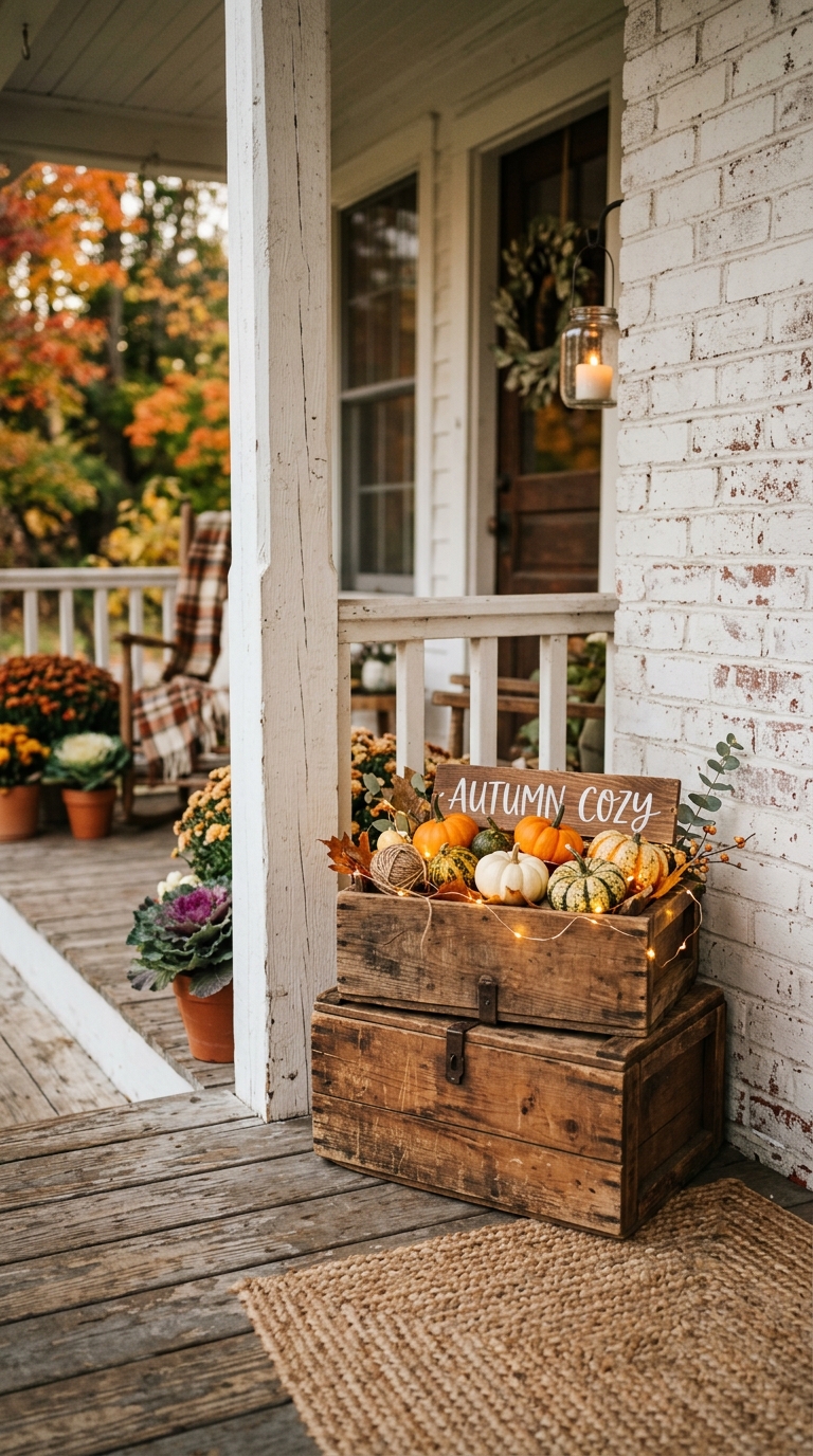 Wooden crates styled in a small farmhouse fall front porch corner.
