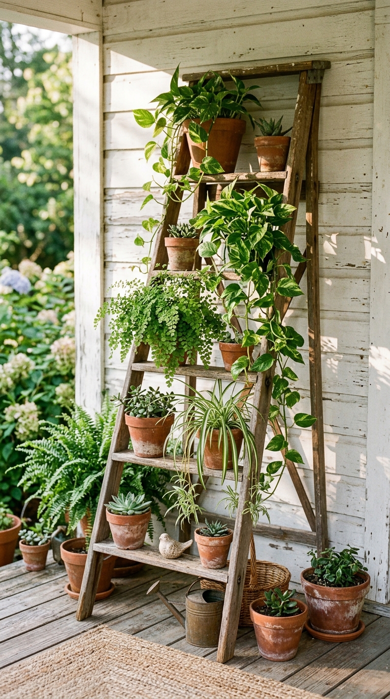 Wooden ladder plant shelf styled with trailing greenery on a farmhouse porch