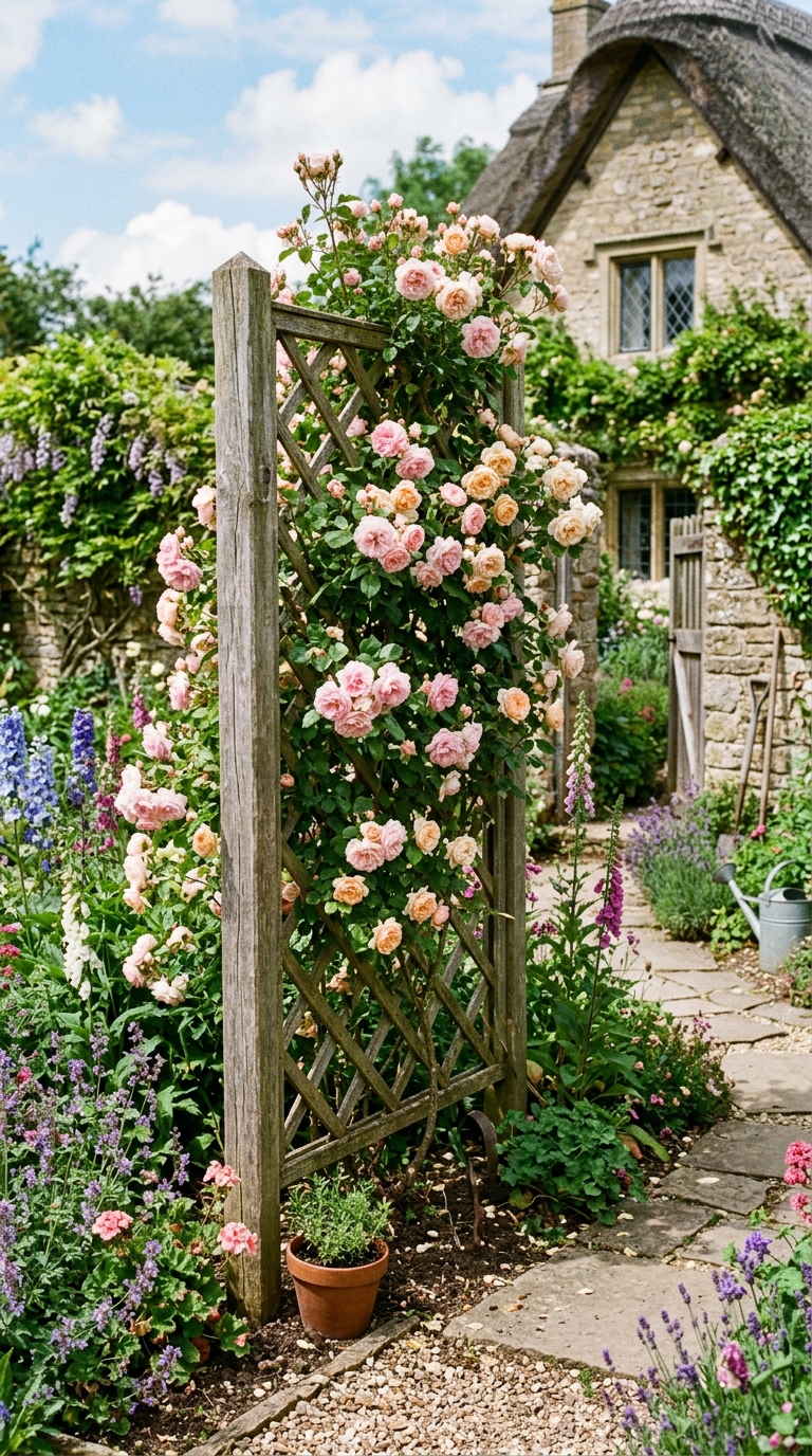 DIY wooden lattice trellis panel for cottage garden climbing roses
