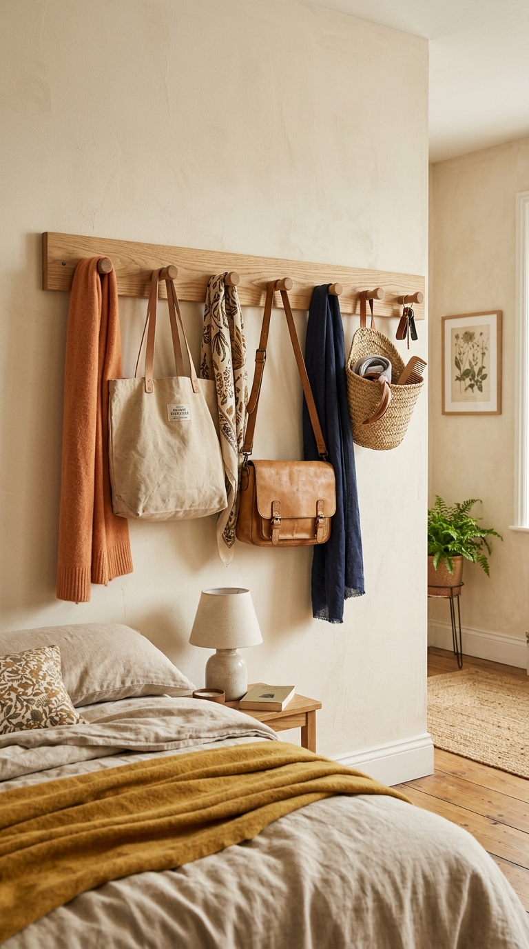 Wooden peg rail for bedroom accessory storage