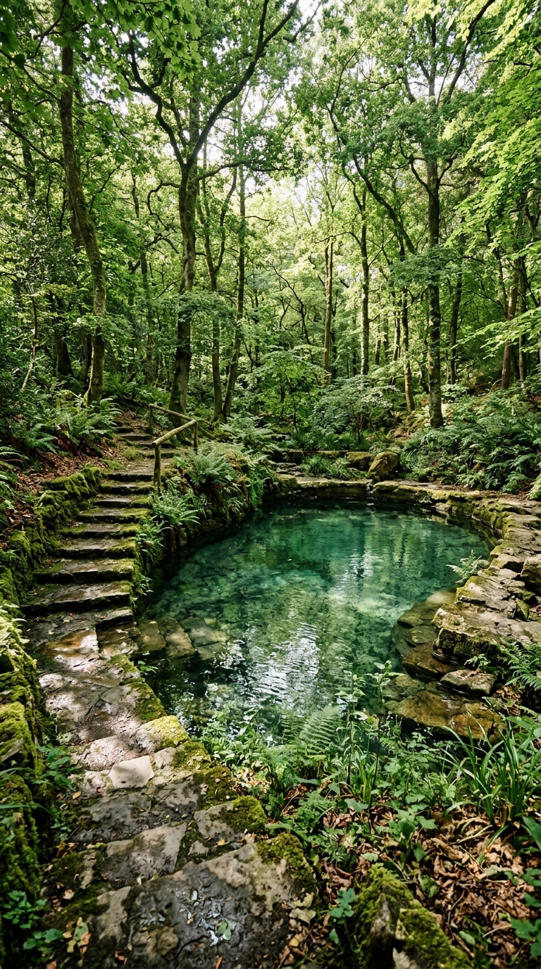 Natural swimming pool surrounded by trees with mossy stone steps leading into the water