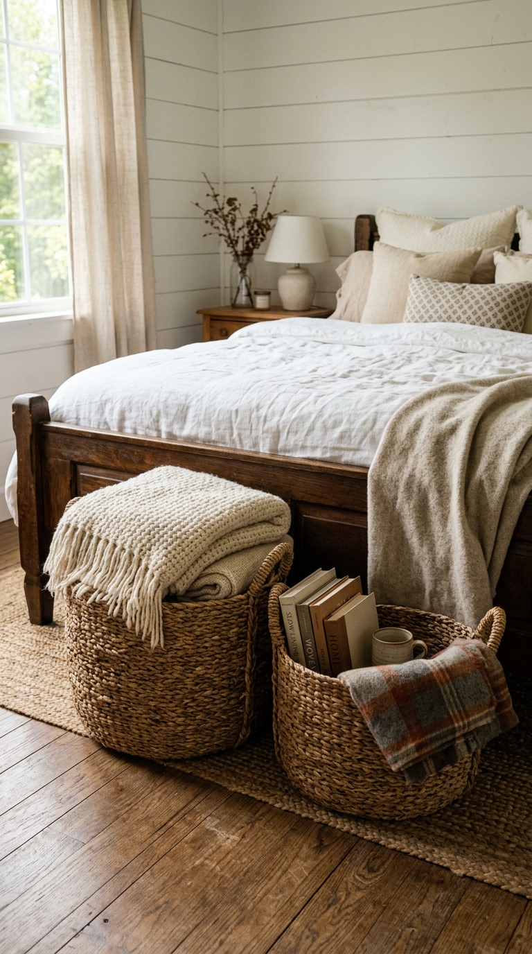 Woven baskets used for rustic storage in a farmhouse bedroom