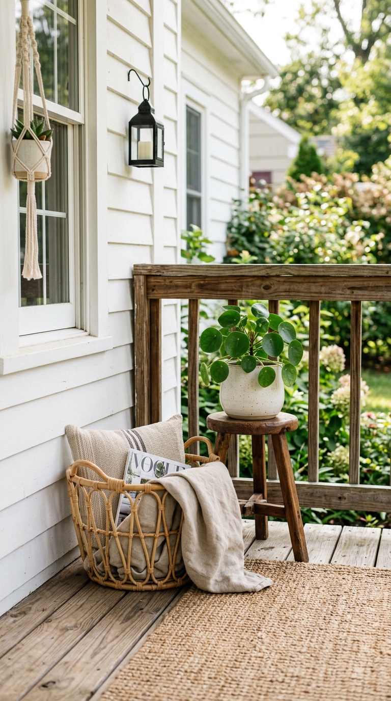 Woven basket and natural fiber texture idea for a small front porch