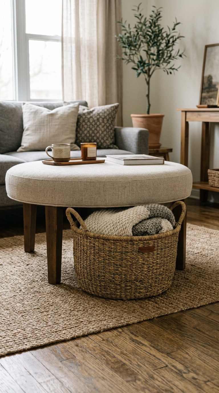 Woven storage basket styled underneath a boho ottoman coffee table