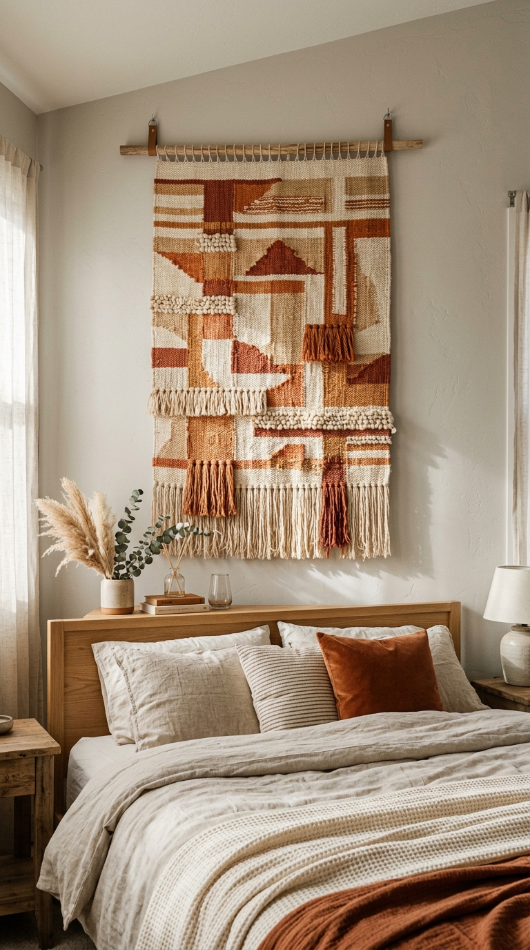 Woven rust and cream tapestry hung above fall bedroom headboard