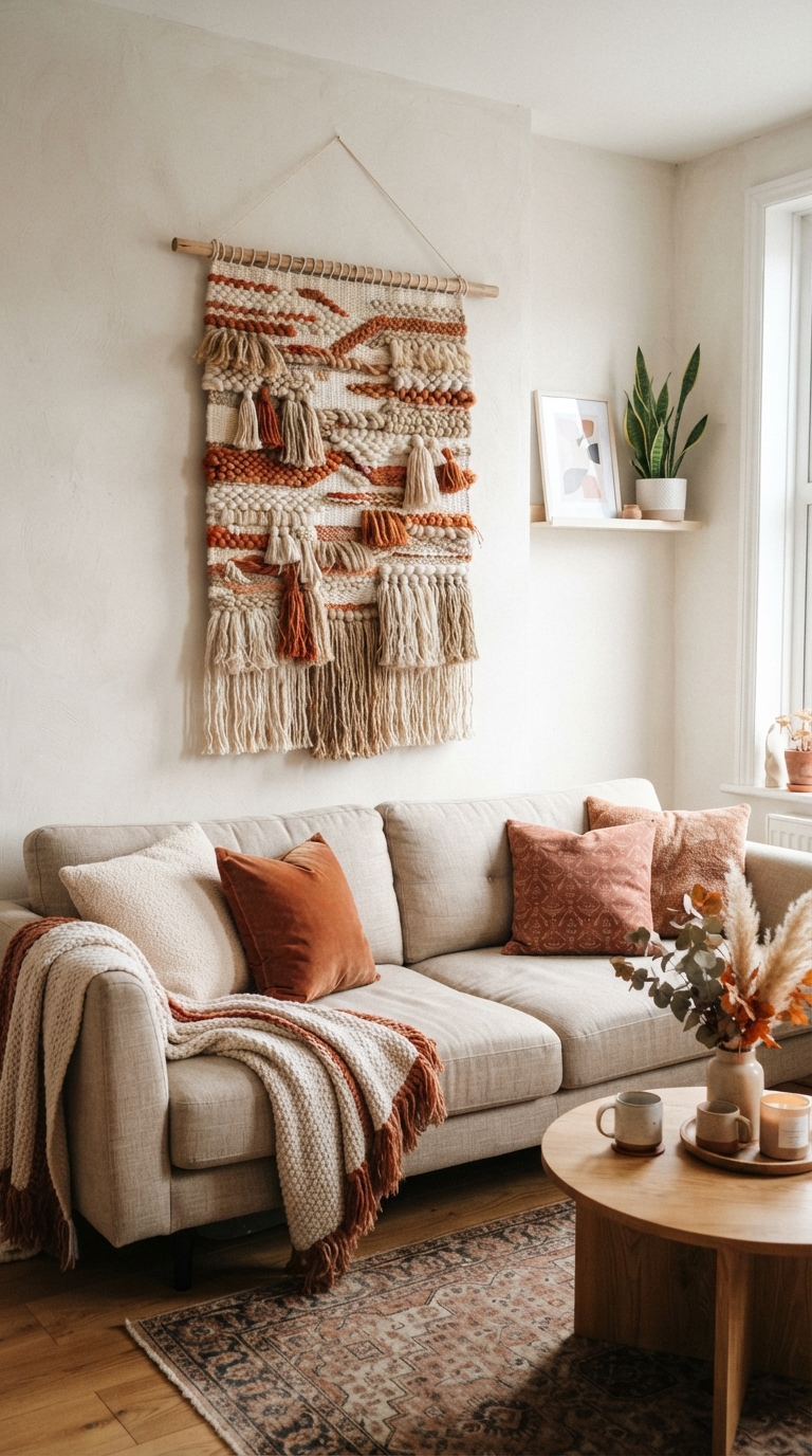 Woven rust and cream tapestry hung above a fall living room sofa