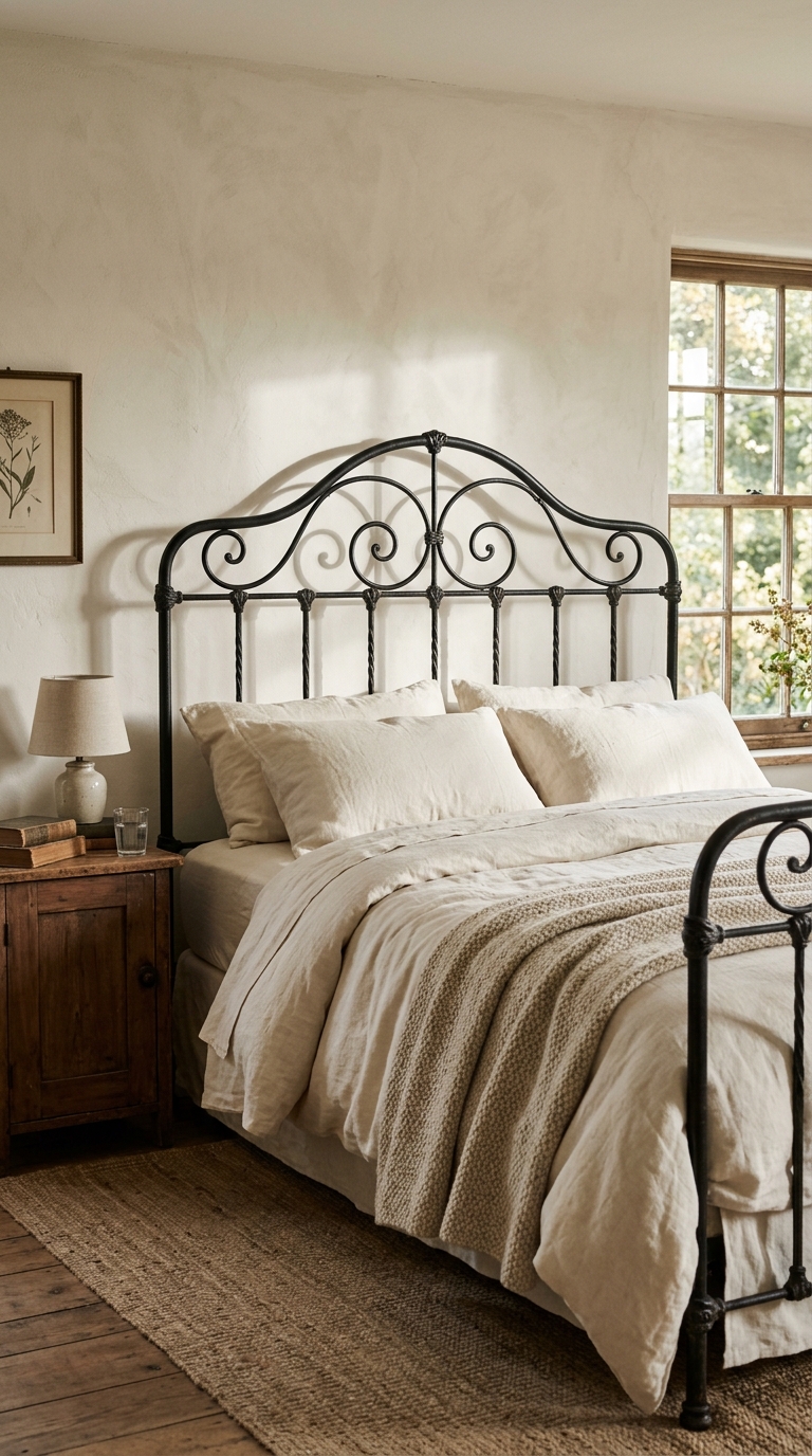 Wrought iron bed frame in a classic farmhouse bedroom setting