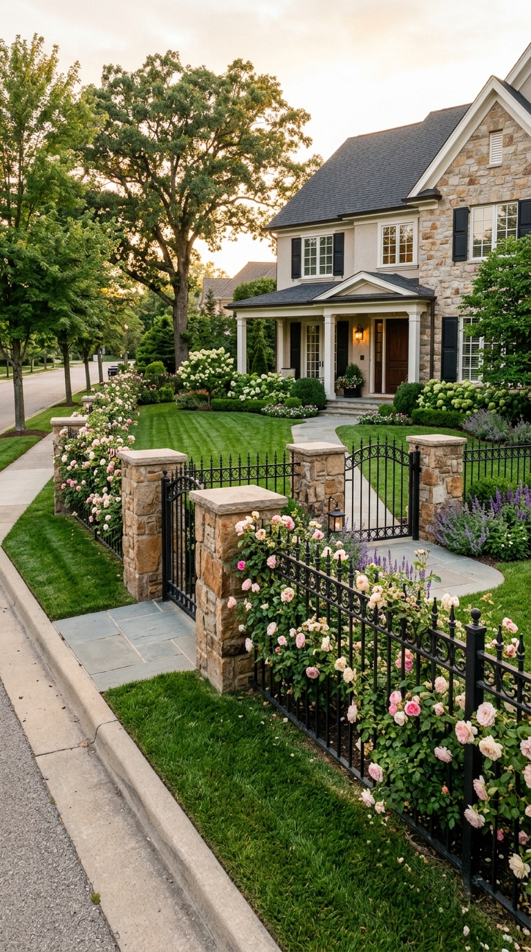 Wrought iron front yard fence idea with stone pillars