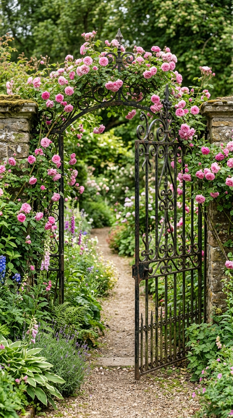Wrought iron garden gate idea covered in climbing roses for an English garden look