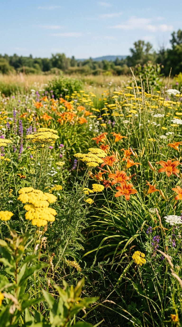 Yellow yarrow planted as a low-maintenance companion to daylilies