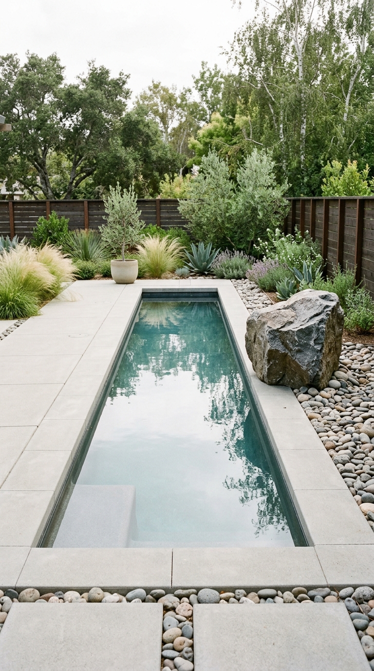 Minimalist Zen garden style natural rock pool with river stone accents